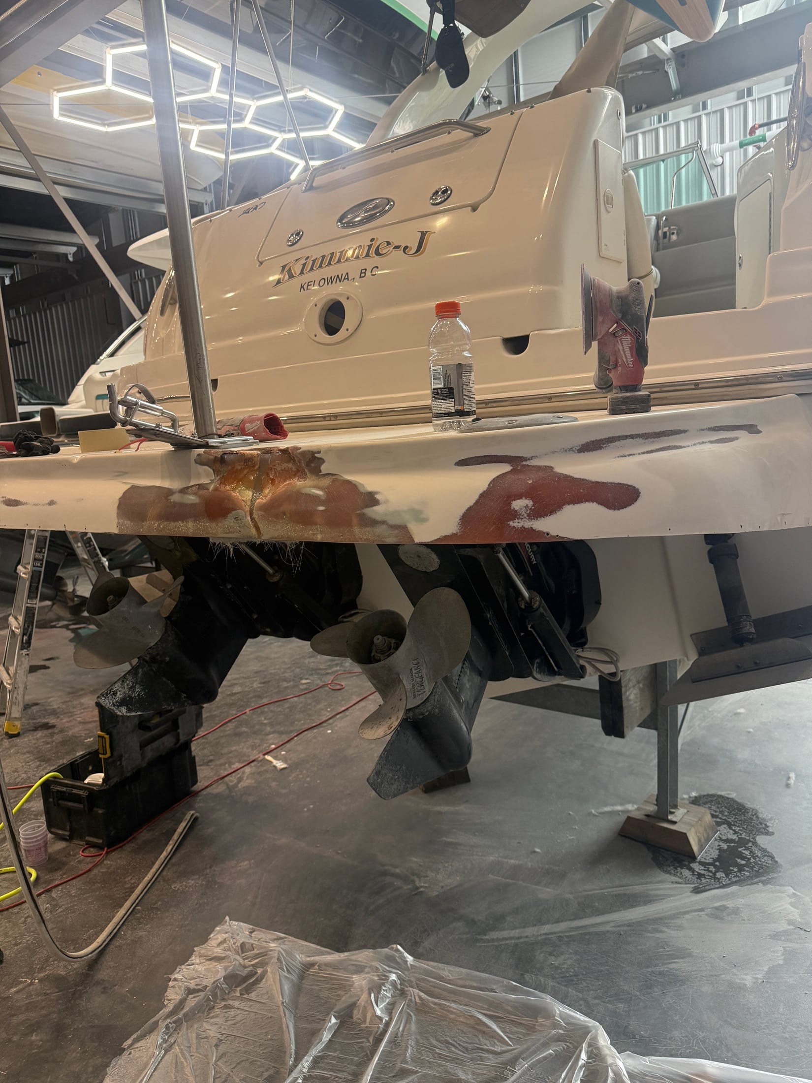 Stern platform during fibreglass rebuilding and surface preparation